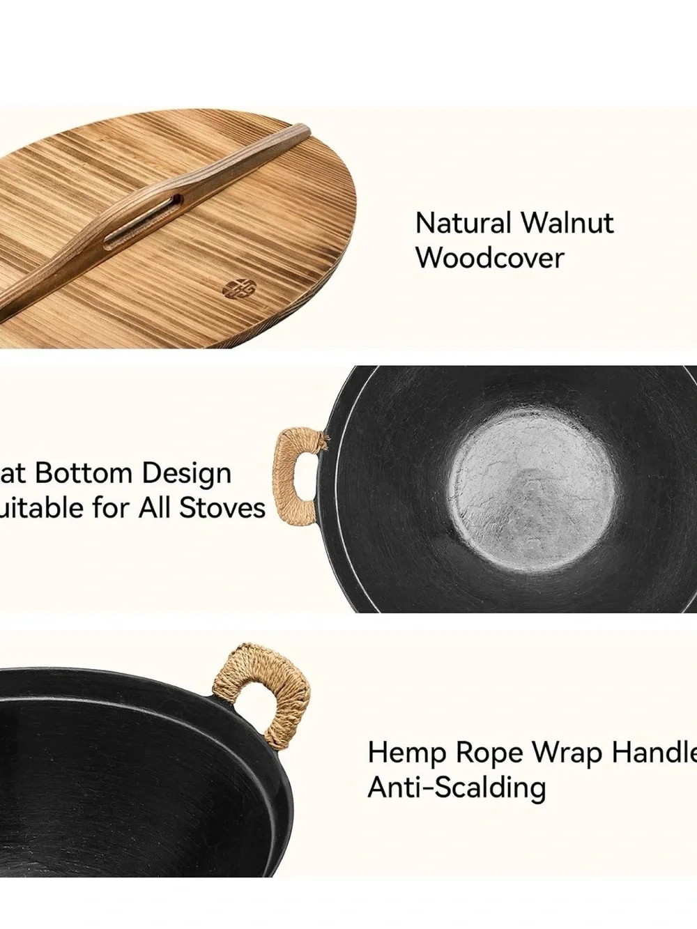 Black Carbon Steel Wok with Bamboo Lid and Cleaning Brush